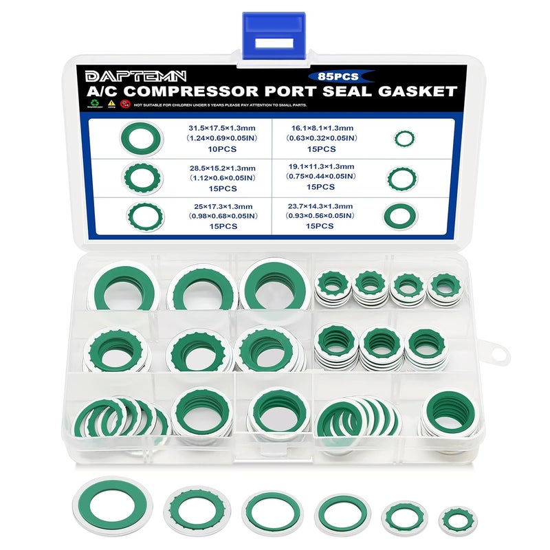 Daptemn 85PCS Air Conditioning Compressor Bonded Seal Washers Assortment Kit, 6 Sizes A/C System Compressor Port Gasket Repairs Universal Automotive Self-Centered Washers (ID: 8mm-17.5mm) (Green) - Image 1